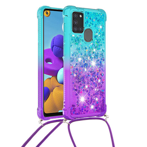 Silikon Hülle Handyhülle Gummi Schutzhülle Flexible Tasche Bling-Bling mit Schlüsselband Lanyard S01 für Samsung Galaxy A21s Hellblau