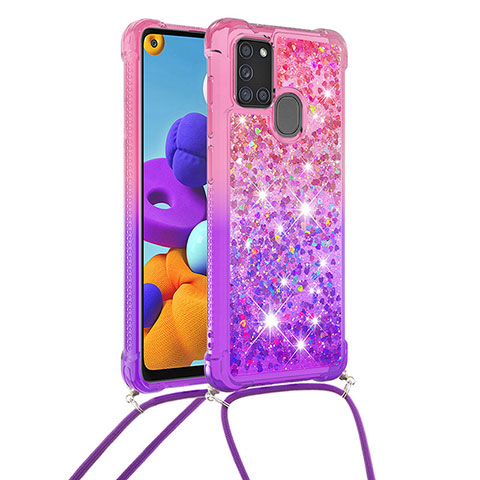 Silikon Hülle Handyhülle Gummi Schutzhülle Flexible Tasche Bling-Bling mit Schlüsselband Lanyard S01 für Samsung Galaxy A21s Pink