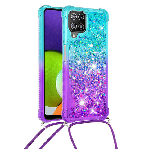 Silikon Hülle Handyhülle Gummi Schutzhülle Flexible Tasche Bling-Bling mit Schlüsselband Lanyard S01 für Samsung Galaxy A22 4G Hellblau