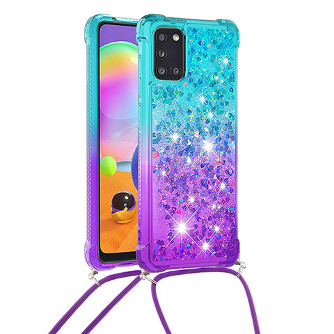 Silikon Hülle Handyhülle Gummi Schutzhülle Flexible Tasche Bling-Bling mit Schlüsselband Lanyard S01 für Samsung Galaxy A31 Hellblau