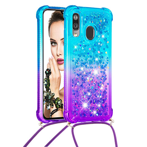 Silikon Hülle Handyhülle Gummi Schutzhülle Flexible Tasche Bling-Bling mit Schlüsselband Lanyard S01 für Samsung Galaxy A40 Hellblau