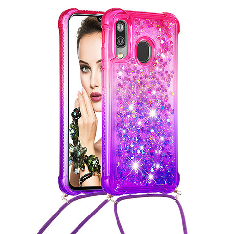 Silikon Hülle Handyhülle Gummi Schutzhülle Flexible Tasche Bling-Bling mit Schlüsselband Lanyard S01 für Samsung Galaxy A40 Pink