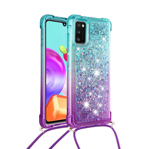 Silikon Hülle Handyhülle Gummi Schutzhülle Flexible Tasche Bling-Bling mit Schlüsselband Lanyard S01 für Samsung Galaxy A41 Hellblau