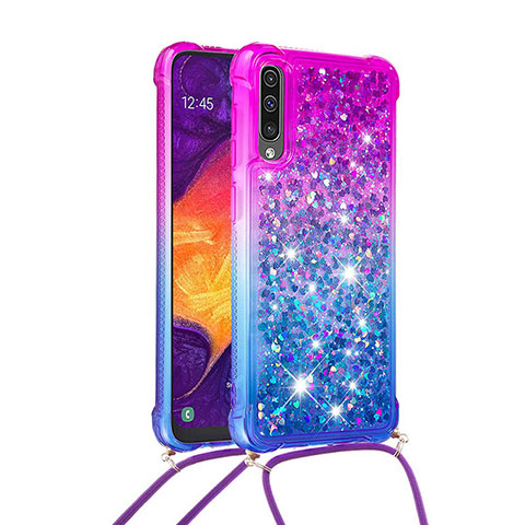 Silikon Hülle Handyhülle Gummi Schutzhülle Flexible Tasche Bling-Bling mit Schlüsselband Lanyard S01 für Samsung Galaxy A50 Violett