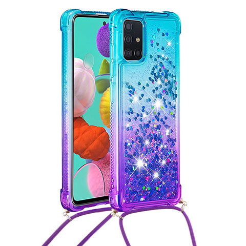 Silikon Hülle Handyhülle Gummi Schutzhülle Flexible Tasche Bling-Bling mit Schlüsselband Lanyard S01 für Samsung Galaxy A51 5G Hellblau