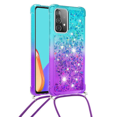 Silikon Hülle Handyhülle Gummi Schutzhülle Flexible Tasche Bling-Bling mit Schlüsselband Lanyard S01 für Samsung Galaxy A52 5G Hellblau