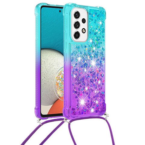 Silikon Hülle Handyhülle Gummi Schutzhülle Flexible Tasche Bling-Bling mit Schlüsselband Lanyard S01 für Samsung Galaxy A53 5G Hellblau