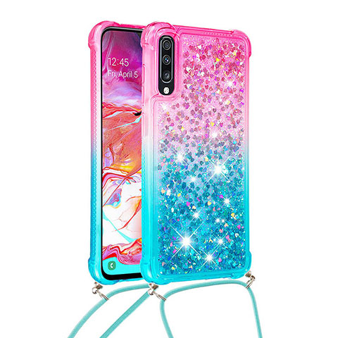 Silikon Hülle Handyhülle Gummi Schutzhülle Flexible Tasche Bling-Bling mit Schlüsselband Lanyard S01 für Samsung Galaxy A70 Rosa