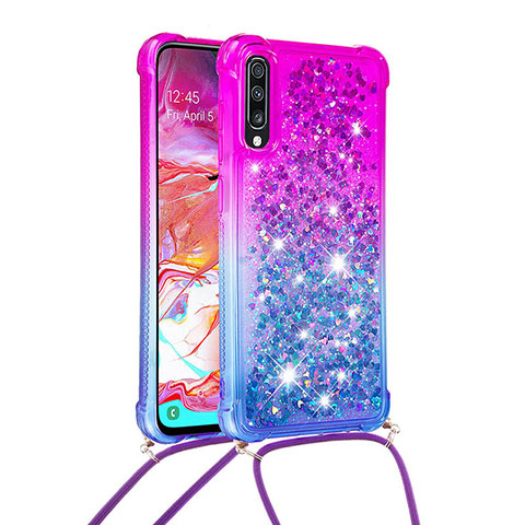 Silikon Hülle Handyhülle Gummi Schutzhülle Flexible Tasche Bling-Bling mit Schlüsselband Lanyard S01 für Samsung Galaxy A70 Violett