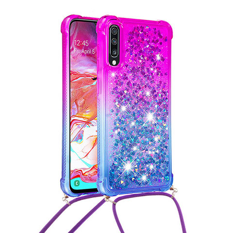 Silikon Hülle Handyhülle Gummi Schutzhülle Flexible Tasche Bling-Bling mit Schlüsselband Lanyard S01 für Samsung Galaxy A70S Violett