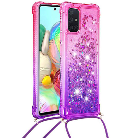 Silikon Hülle Handyhülle Gummi Schutzhülle Flexible Tasche Bling-Bling mit Schlüsselband Lanyard S01 für Samsung Galaxy A71 4G A715 Pink