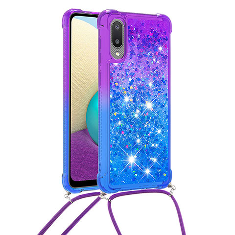 Silikon Hülle Handyhülle Gummi Schutzhülle Flexible Tasche Bling-Bling mit Schlüsselband Lanyard S01 für Samsung Galaxy M02 Violett