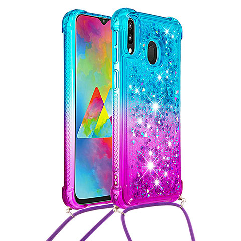 Silikon Hülle Handyhülle Gummi Schutzhülle Flexible Tasche Bling-Bling mit Schlüsselband Lanyard S01 für Samsung Galaxy M20 Hellblau