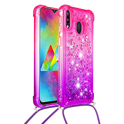 Silikon Hülle Handyhülle Gummi Schutzhülle Flexible Tasche Bling-Bling mit Schlüsselband Lanyard S01 für Samsung Galaxy M20 Pink