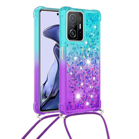 Silikon Hülle Handyhülle Gummi Schutzhülle Flexible Tasche Bling-Bling mit Schlüsselband Lanyard S01 für Xiaomi Mi 11T 5G Hellblau