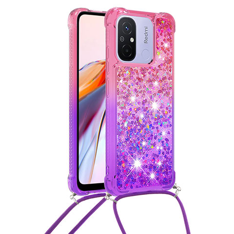 Silikon Hülle Handyhülle Gummi Schutzhülle Flexible Tasche Bling-Bling mit Schlüsselband Lanyard S01 für Xiaomi Redmi 11A 4G Pink