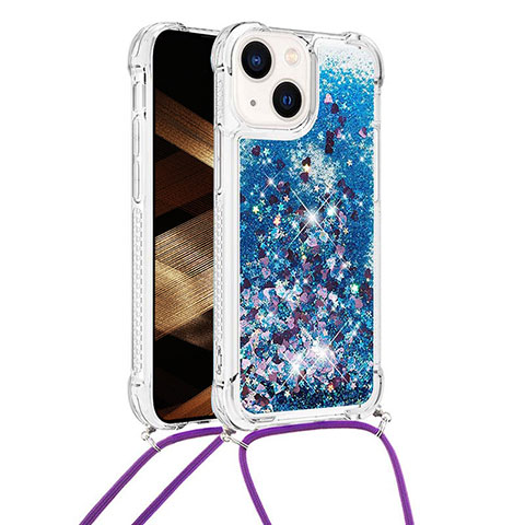 Silikon Hülle Handyhülle Gummi Schutzhülle Flexible Tasche Bling-Bling mit Schlüsselband Lanyard S02 für Apple iPhone 13 Blau