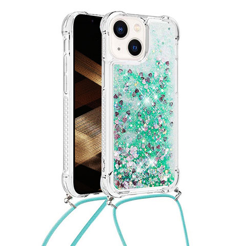 Silikon Hülle Handyhülle Gummi Schutzhülle Flexible Tasche Bling-Bling mit Schlüsselband Lanyard S02 für Apple iPhone 13 Grün