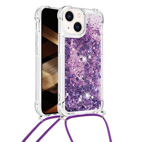 Silikon Hülle Handyhülle Gummi Schutzhülle Flexible Tasche Bling-Bling mit Schlüsselband Lanyard S02 für Apple iPhone 13 Violett