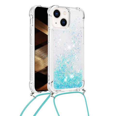 Silikon Hülle Handyhülle Gummi Schutzhülle Flexible Tasche Bling-Bling mit Schlüsselband Lanyard S02 für Apple iPhone 15 Hellblau