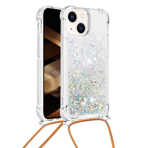 Silikon Hülle Handyhülle Gummi Schutzhülle Flexible Tasche Bling-Bling mit Schlüsselband Lanyard S02 für Apple iPhone 15 Plus Silber