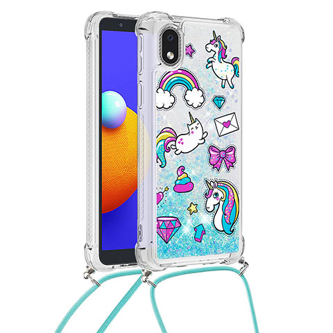 Silikon Hülle Handyhülle Gummi Schutzhülle Flexible Tasche Bling-Bling mit Schlüsselband Lanyard S02 für Samsung Galaxy A01 Core Hellblau