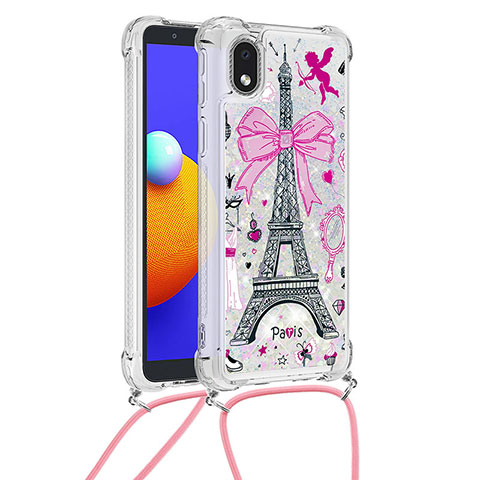 Silikon Hülle Handyhülle Gummi Schutzhülle Flexible Tasche Bling-Bling mit Schlüsselband Lanyard S02 für Samsung Galaxy A01 Core Rosa