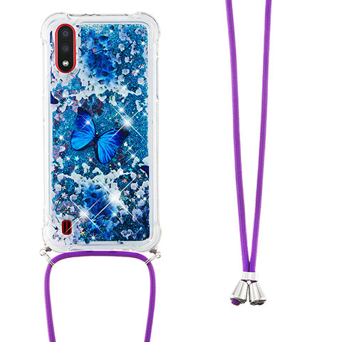 Silikon Hülle Handyhülle Gummi Schutzhülle Flexible Tasche Bling-Bling mit Schlüsselband Lanyard S02 für Samsung Galaxy A01 SM-A015 Blau