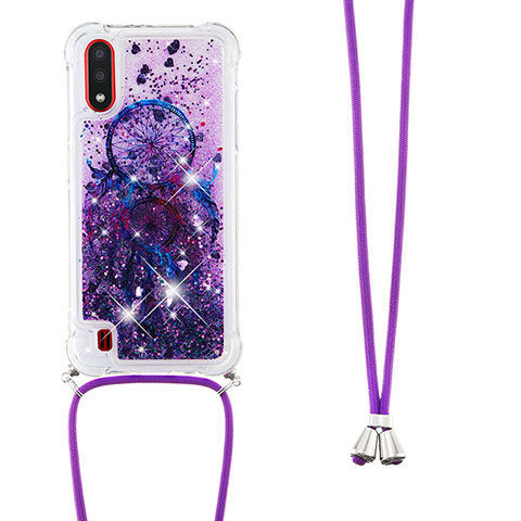 Silikon Hülle Handyhülle Gummi Schutzhülle Flexible Tasche Bling-Bling mit Schlüsselband Lanyard S02 für Samsung Galaxy A01 SM-A015 Violett