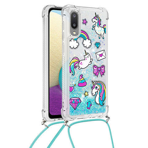 Silikon Hülle Handyhülle Gummi Schutzhülle Flexible Tasche Bling-Bling mit Schlüsselband Lanyard S02 für Samsung Galaxy A02 Hellblau