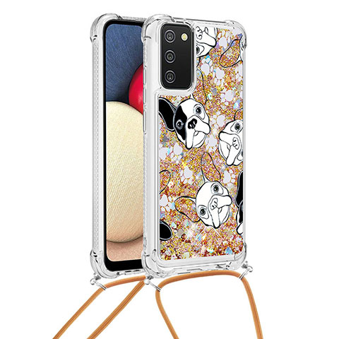 Silikon Hülle Handyhülle Gummi Schutzhülle Flexible Tasche Bling-Bling mit Schlüsselband Lanyard S02 für Samsung Galaxy A02s Gold