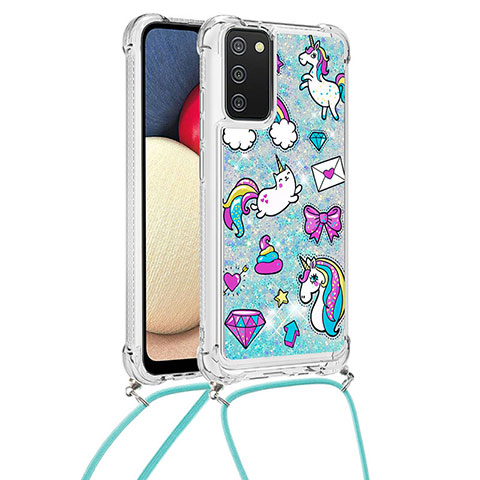 Silikon Hülle Handyhülle Gummi Schutzhülle Flexible Tasche Bling-Bling mit Schlüsselband Lanyard S02 für Samsung Galaxy A02s Hellblau