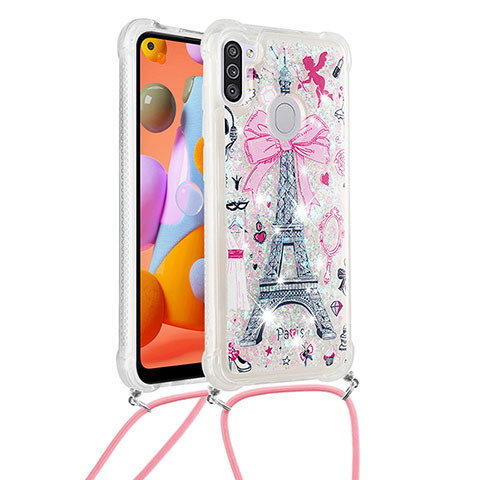 Silikon Hülle Handyhülle Gummi Schutzhülle Flexible Tasche Bling-Bling mit Schlüsselband Lanyard S02 für Samsung Galaxy A11 Rosa