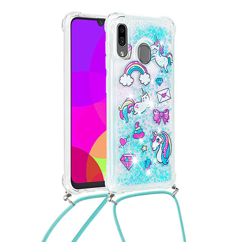 Silikon Hülle Handyhülle Gummi Schutzhülle Flexible Tasche Bling-Bling mit Schlüsselband Lanyard S02 für Samsung Galaxy A20 Hellblau