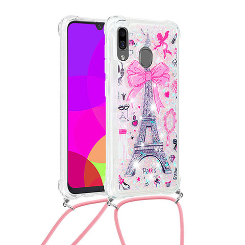 Silikon Hülle Handyhülle Gummi Schutzhülle Flexible Tasche Bling-Bling mit Schlüsselband Lanyard S02 für Samsung Galaxy A20 Rosa