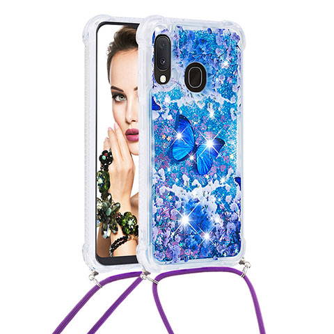 Silikon Hülle Handyhülle Gummi Schutzhülle Flexible Tasche Bling-Bling mit Schlüsselband Lanyard S02 für Samsung Galaxy A20e Blau