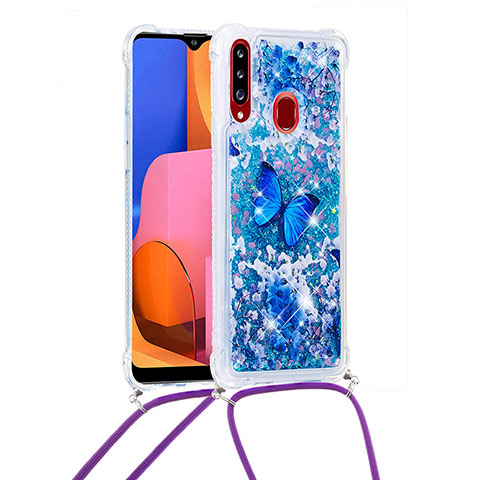 Silikon Hülle Handyhülle Gummi Schutzhülle Flexible Tasche Bling-Bling mit Schlüsselband Lanyard S02 für Samsung Galaxy A20s Blau