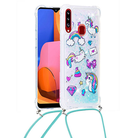 Silikon Hülle Handyhülle Gummi Schutzhülle Flexible Tasche Bling-Bling mit Schlüsselband Lanyard S02 für Samsung Galaxy A20s Hellblau