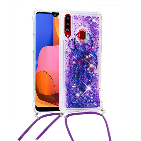 Silikon Hülle Handyhülle Gummi Schutzhülle Flexible Tasche Bling-Bling mit Schlüsselband Lanyard S02 für Samsung Galaxy A20s Violett