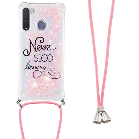 Silikon Hülle Handyhülle Gummi Schutzhülle Flexible Tasche Bling-Bling mit Schlüsselband Lanyard S02 für Samsung Galaxy A21 European Rosa