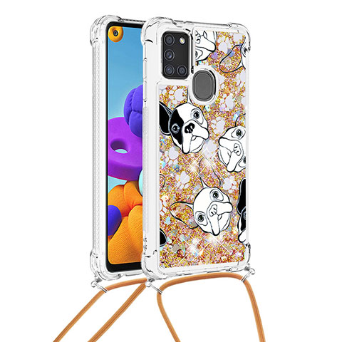 Silikon Hülle Handyhülle Gummi Schutzhülle Flexible Tasche Bling-Bling mit Schlüsselband Lanyard S02 für Samsung Galaxy A21s Gold