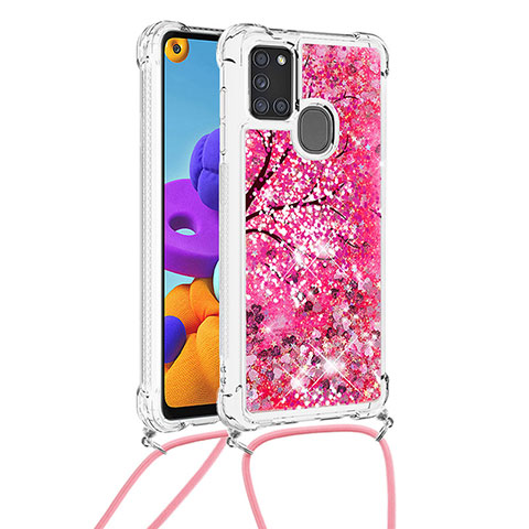 Silikon Hülle Handyhülle Gummi Schutzhülle Flexible Tasche Bling-Bling mit Schlüsselband Lanyard S02 für Samsung Galaxy A21s Pink