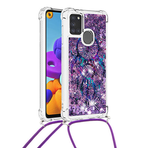 Silikon Hülle Handyhülle Gummi Schutzhülle Flexible Tasche Bling-Bling mit Schlüsselband Lanyard S02 für Samsung Galaxy A21s Violett