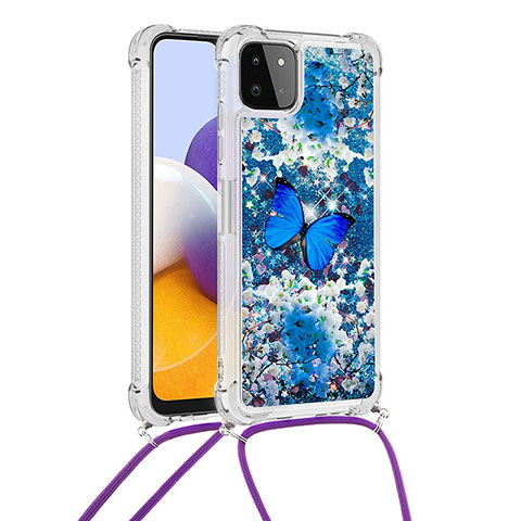 Silikon Hülle Handyhülle Gummi Schutzhülle Flexible Tasche Bling-Bling mit Schlüsselband Lanyard S02 für Samsung Galaxy A22 5G Blau