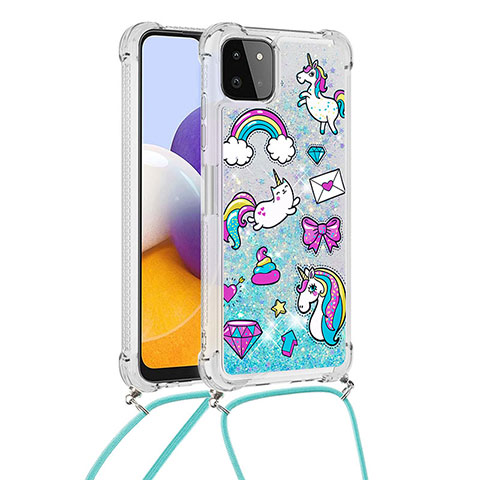 Silikon Hülle Handyhülle Gummi Schutzhülle Flexible Tasche Bling-Bling mit Schlüsselband Lanyard S02 für Samsung Galaxy A22s 5G Hellblau