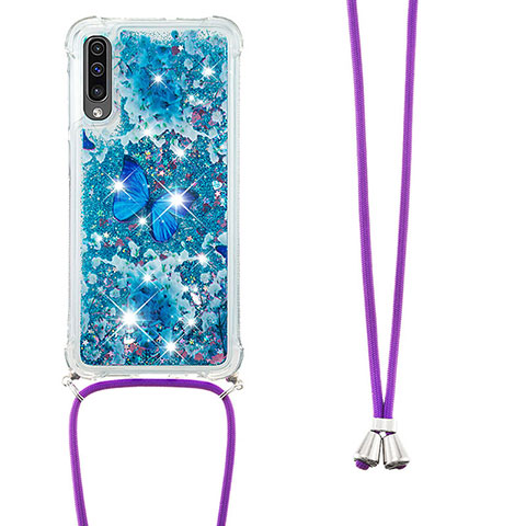 Silikon Hülle Handyhülle Gummi Schutzhülle Flexible Tasche Bling-Bling mit Schlüsselband Lanyard S02 für Samsung Galaxy A30S Blau