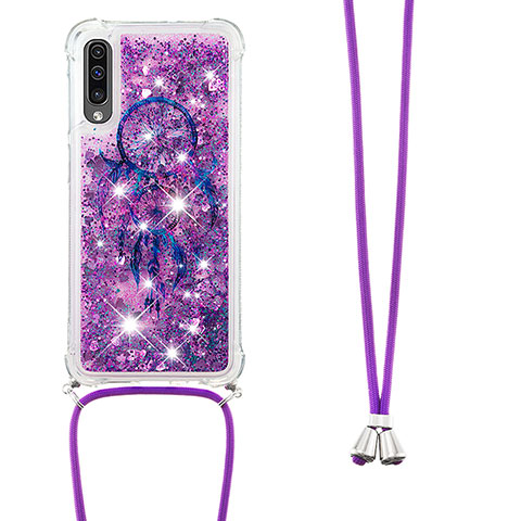 Silikon Hülle Handyhülle Gummi Schutzhülle Flexible Tasche Bling-Bling mit Schlüsselband Lanyard S02 für Samsung Galaxy A30S Violett