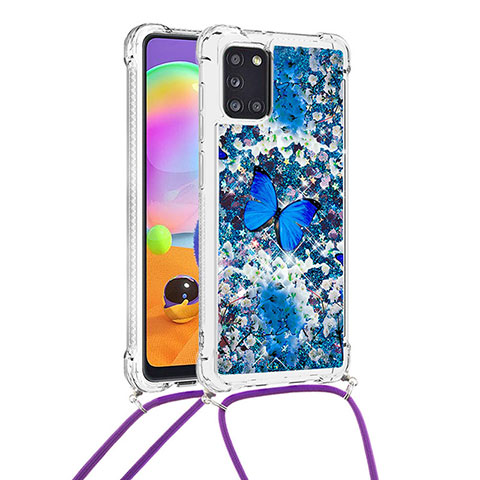 Silikon Hülle Handyhülle Gummi Schutzhülle Flexible Tasche Bling-Bling mit Schlüsselband Lanyard S02 für Samsung Galaxy A31 Blau