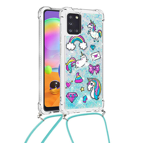 Silikon Hülle Handyhülle Gummi Schutzhülle Flexible Tasche Bling-Bling mit Schlüsselband Lanyard S02 für Samsung Galaxy A31 Hellblau