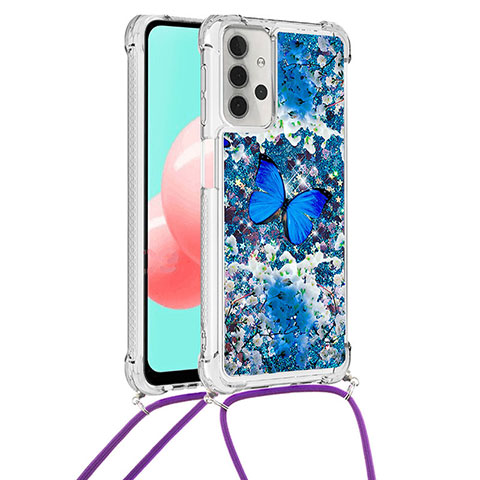 Silikon Hülle Handyhülle Gummi Schutzhülle Flexible Tasche Bling-Bling mit Schlüsselband Lanyard S02 für Samsung Galaxy A32 4G Blau